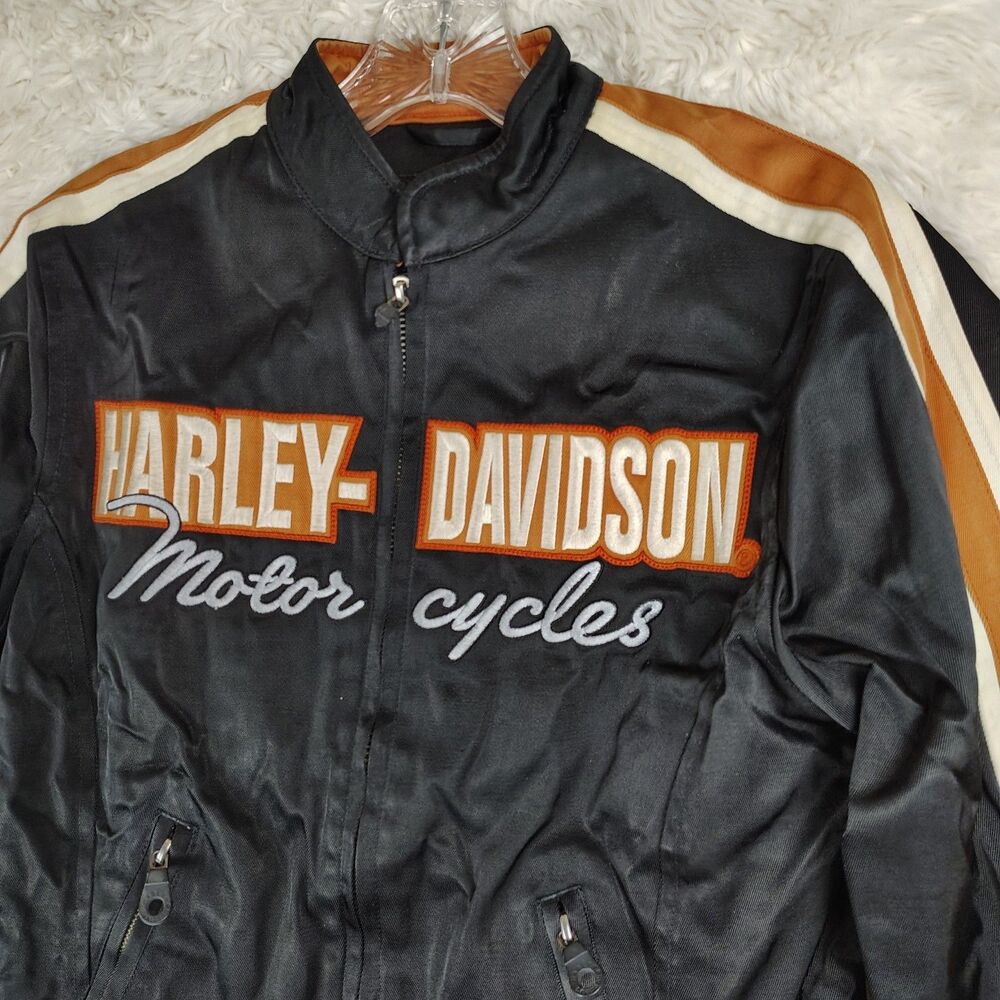FLAWS Harley Davidson Womens XS Motorcycle Jacket Black Orange Zip - Picture 2 of 16